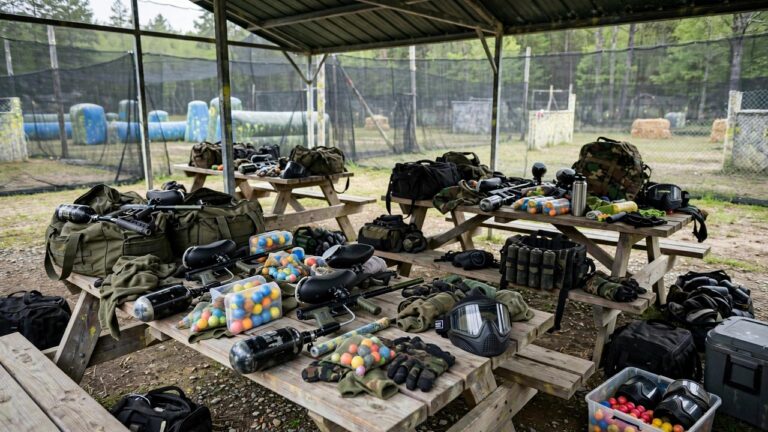 Paintball facility staging area with picnic tables covered in gear bags and markers