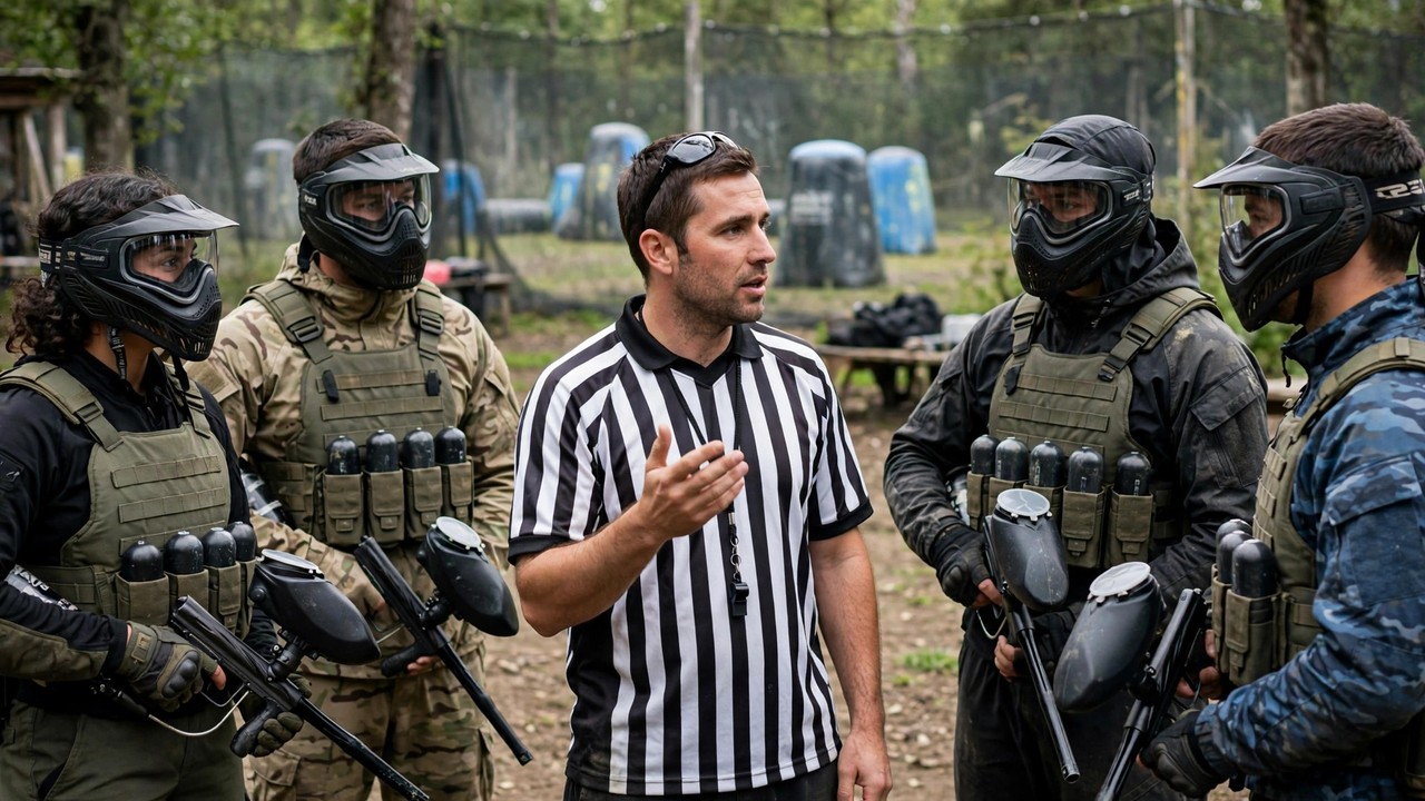 Paintball referee in a striped jersey giving a safety briefing to masked players at check-in