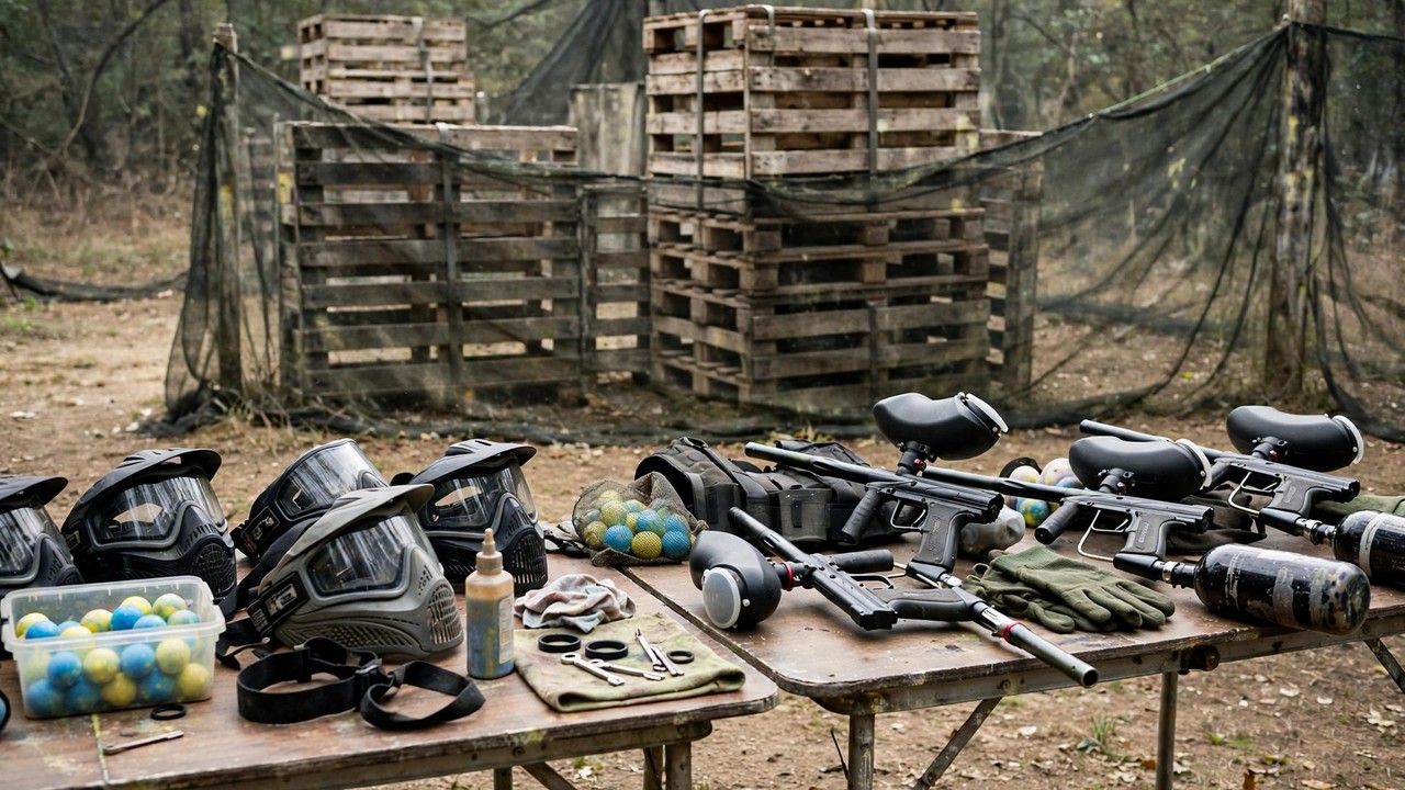 Small paintball staging area with gear tables, markers, masks, netting and pallet bunkers
