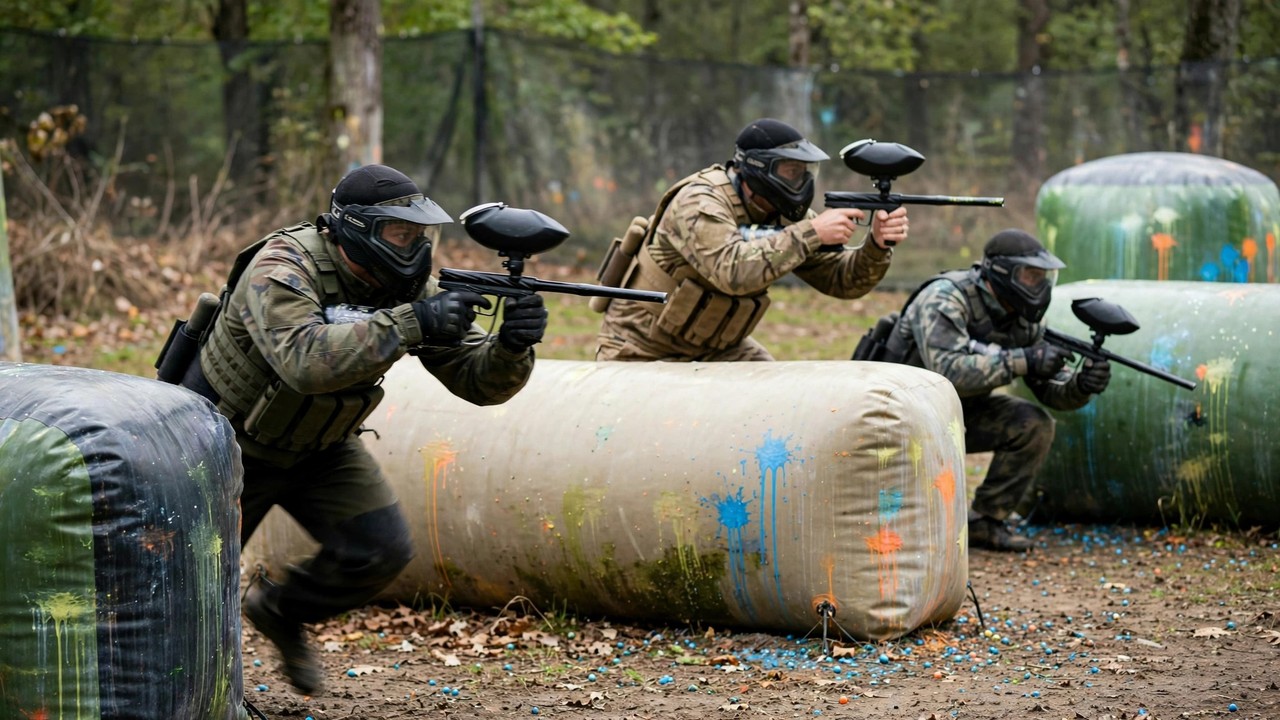 Three masked paintball players advancing behind inflatable bunkers during a game