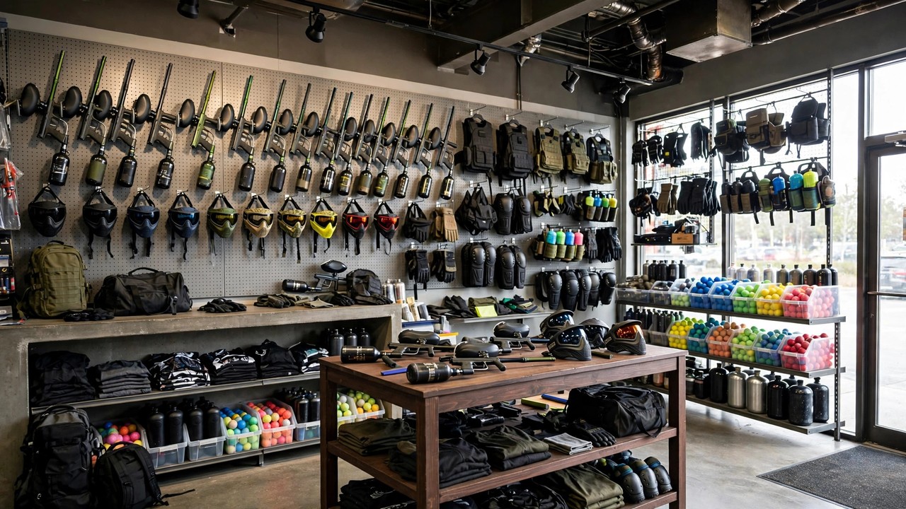 Paintball pro shop interior with markers, masks and gear displayed on pegboard walls