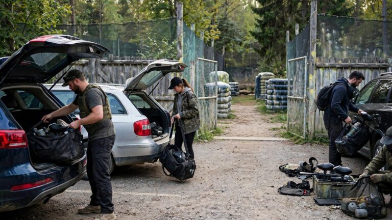 Paintball players unloading gear bags from cars at a paintball field entrance