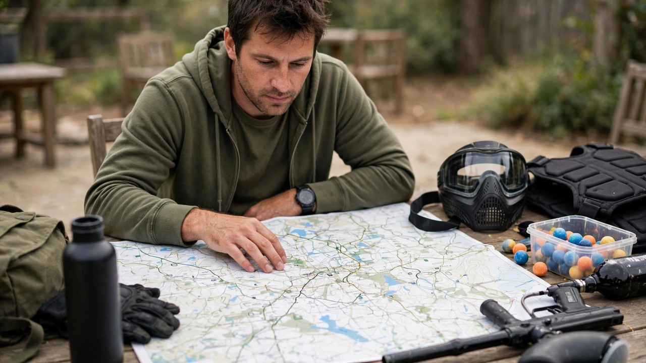 Person planning a paintball trip with a road map spread on a table with paintball gear