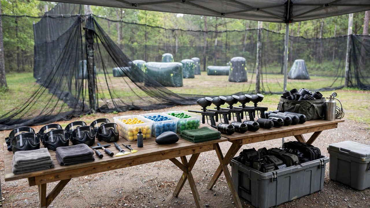 Clean well-maintained paintball staging area with tidy gear tables and safety netting
