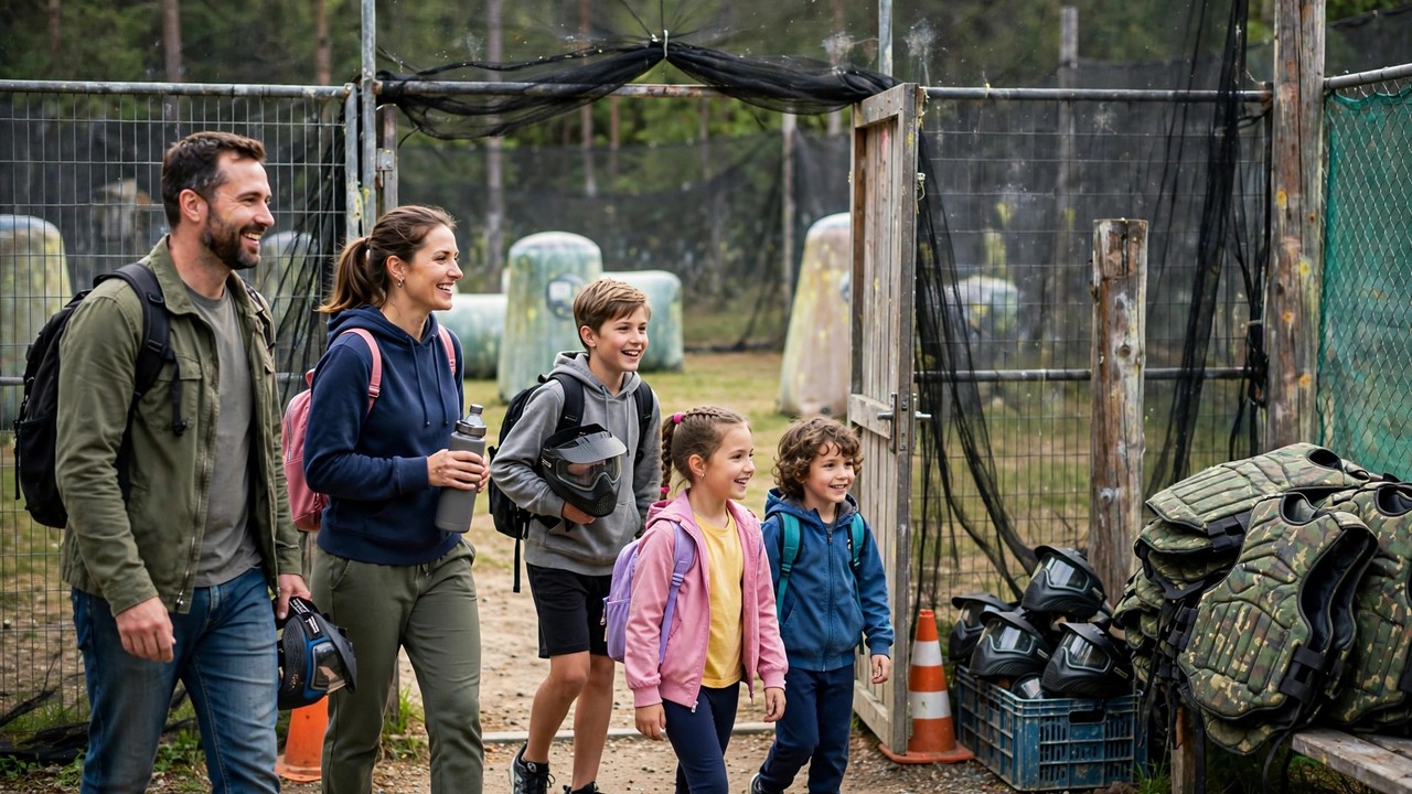 Family with kids arriving at the entrance of a beginner-friendly paintball field