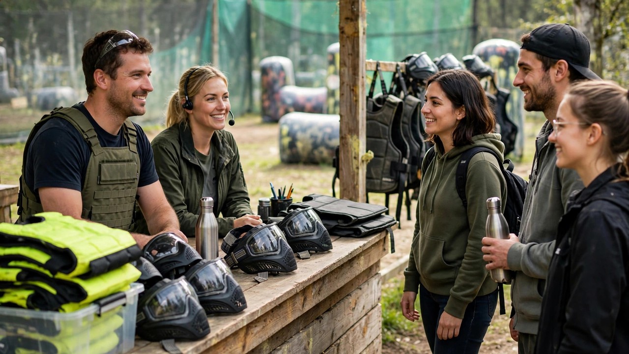 First-time visitors being welcomed by staff at a paintball field check-in desk