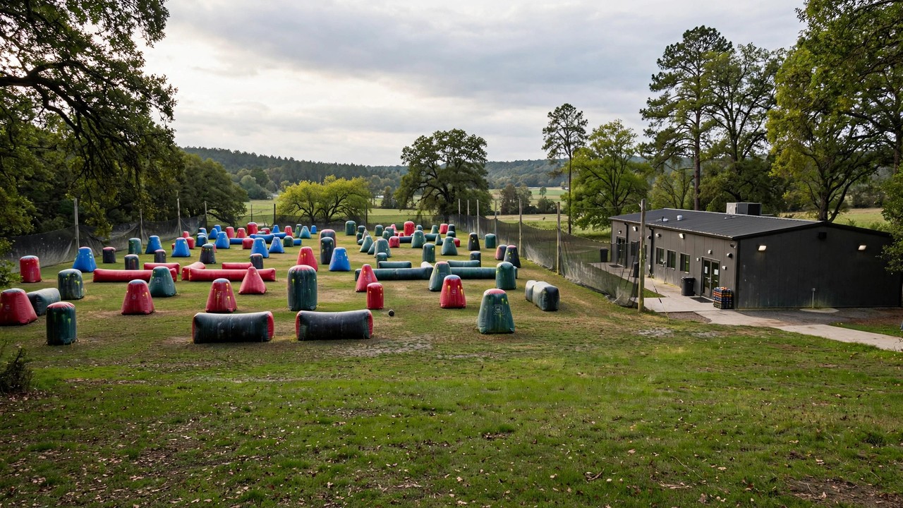 Vast outdoor paintball field with inflatable bunkers beside a compact indoor arena building