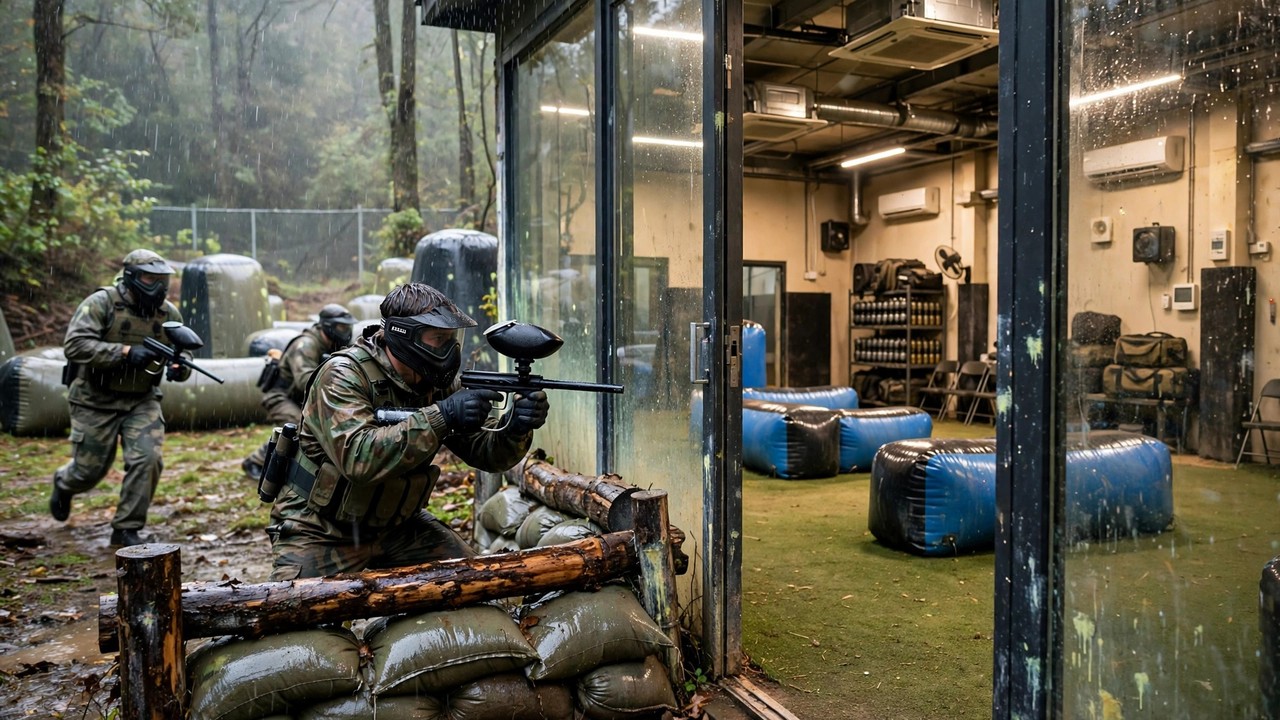Paintball players in light rain outdoors contrasted with a dry indoor arena interior