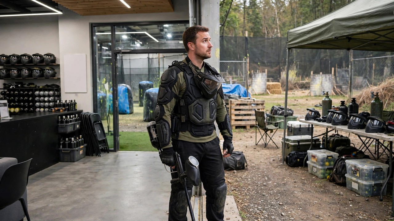 Paintball player comparing a modern indoor arena lobby with a basic outdoor field staging area