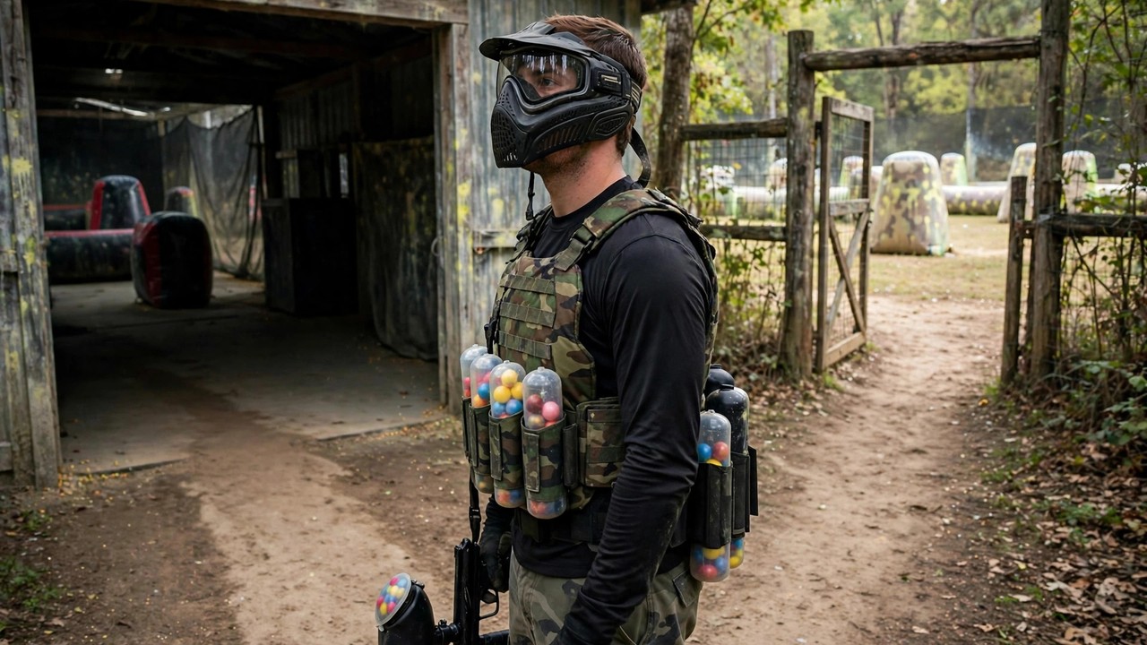 Masked paintball player deciding between an indoor arena entrance and an outdoor field gate