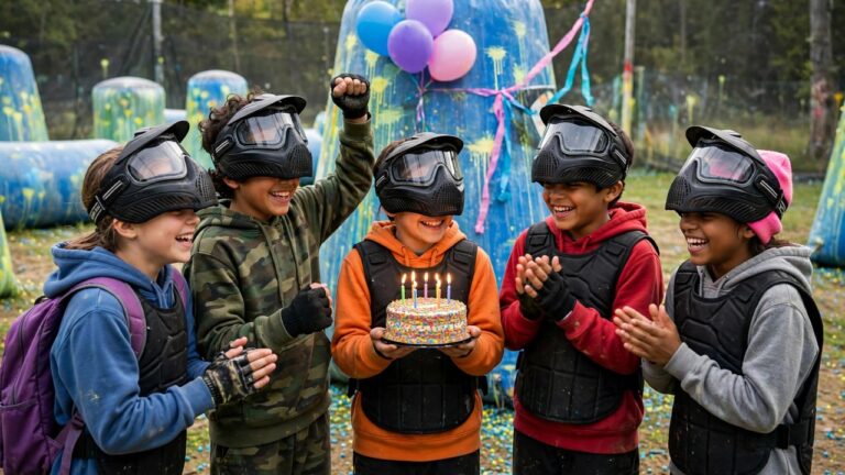 Group of kids in paintball masks celebrating a birthday party with cake on a paintball field