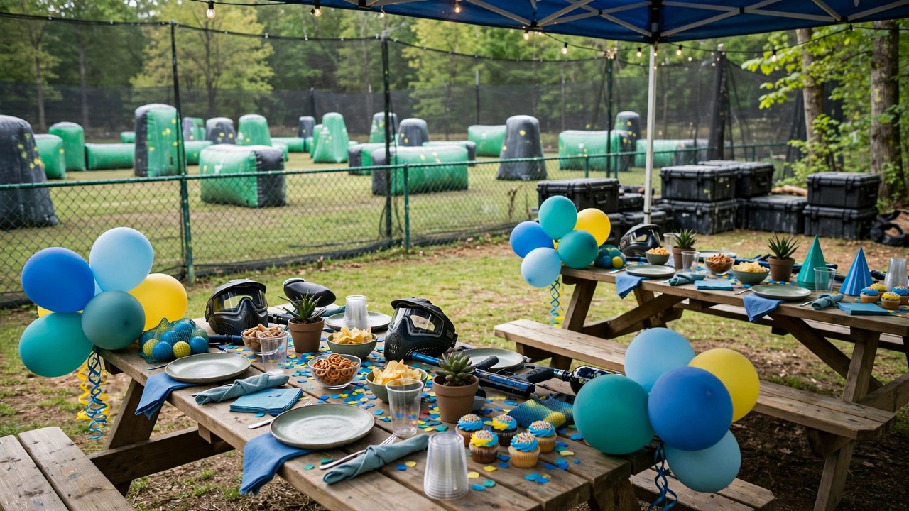 Paintball field party area with decorated picnic tables, balloons and snacks for a birthday