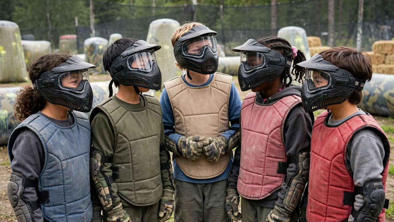 Mixed-age kids wearing properly fitted low-impact paintball masks, vests and gloves