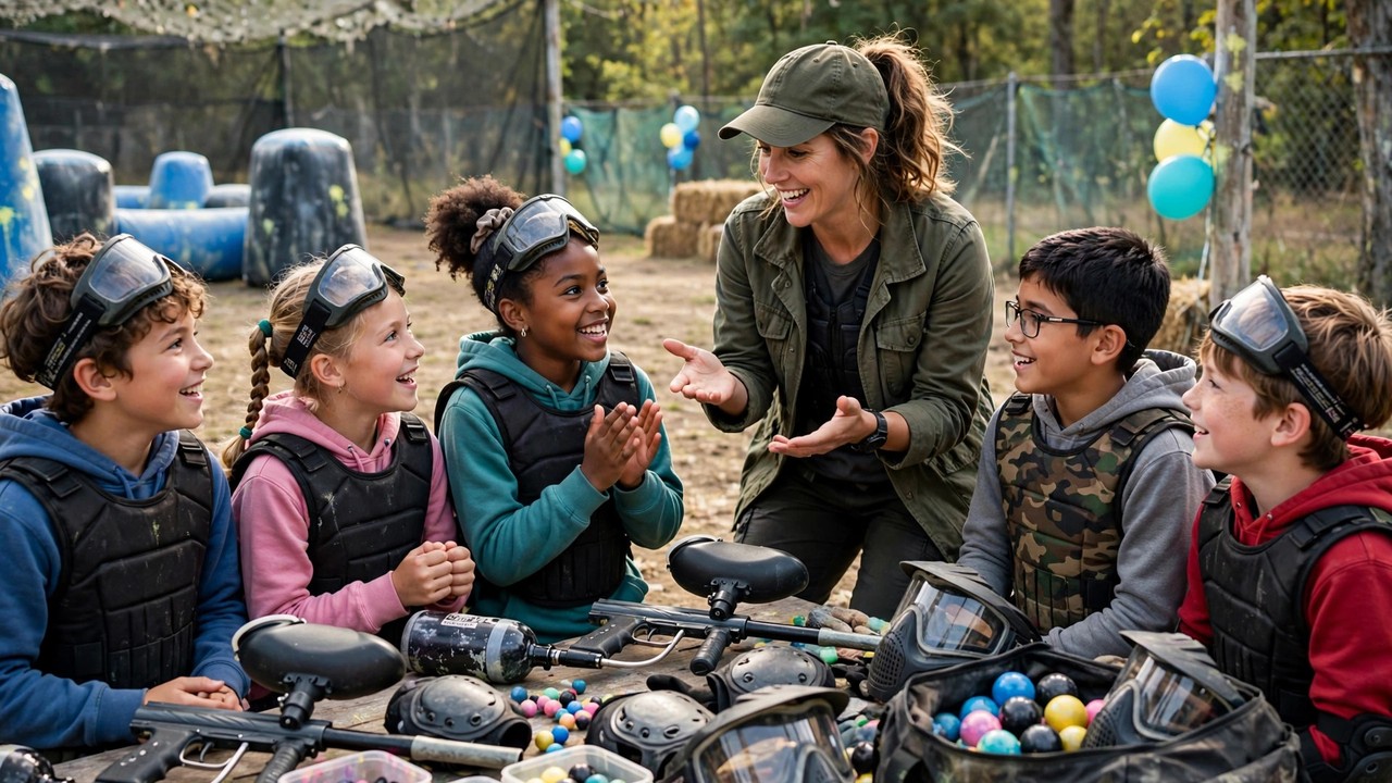 Party host organizing excited kids and paintball gear before a birthday game