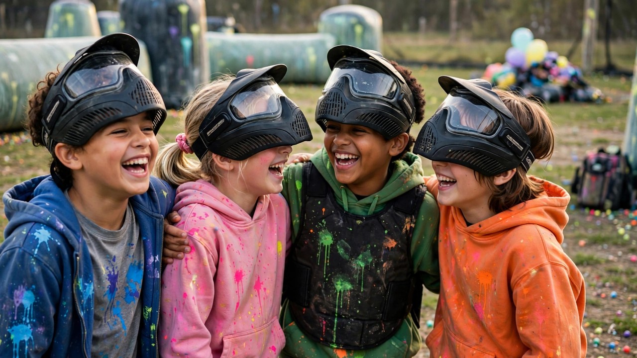 Happy kids in paintball masks laughing together after a birthday paintball game