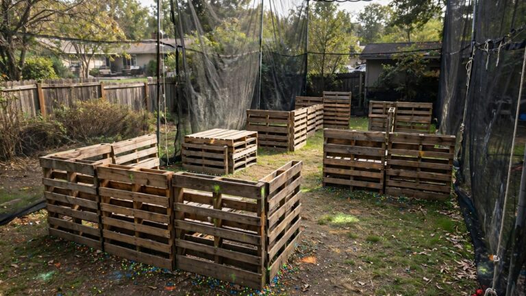 Backyard paintball field built with wooden pallet bunkers surrounded by tall safety netting