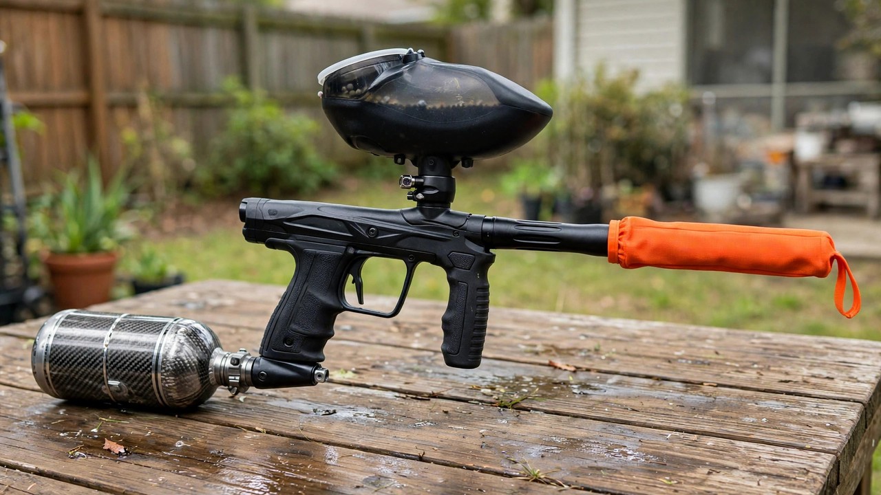 Paintball marker with an orange barrel blocking device on a wooden table in a backyard