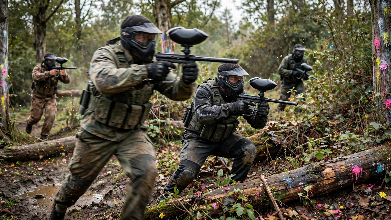 Masked paintball players advancing through a woodsball field during a game