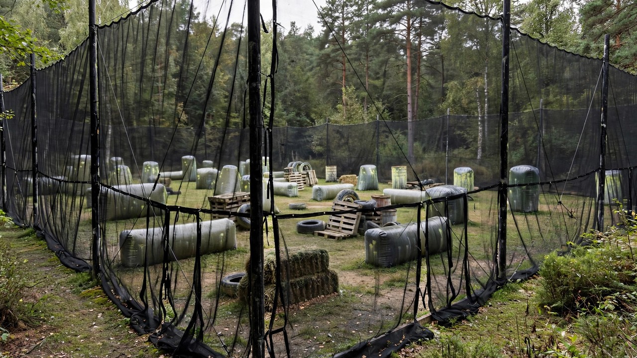 Tall black safety netting on poles surrounding a paintball field with bunkers inside