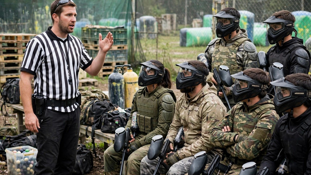 Paintball referee in a striped jersey briefing masked players with markers on safety rules