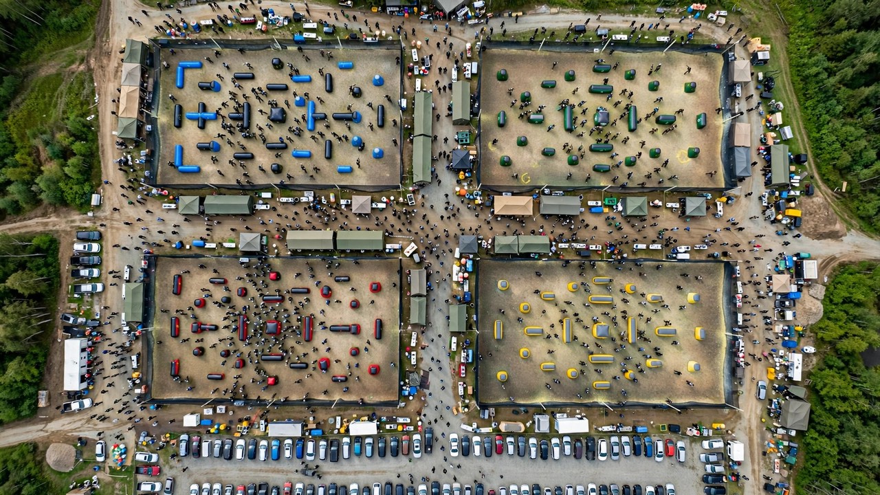 Aerial photograph of a large paintball tournament with hundreds of players across multiple fields