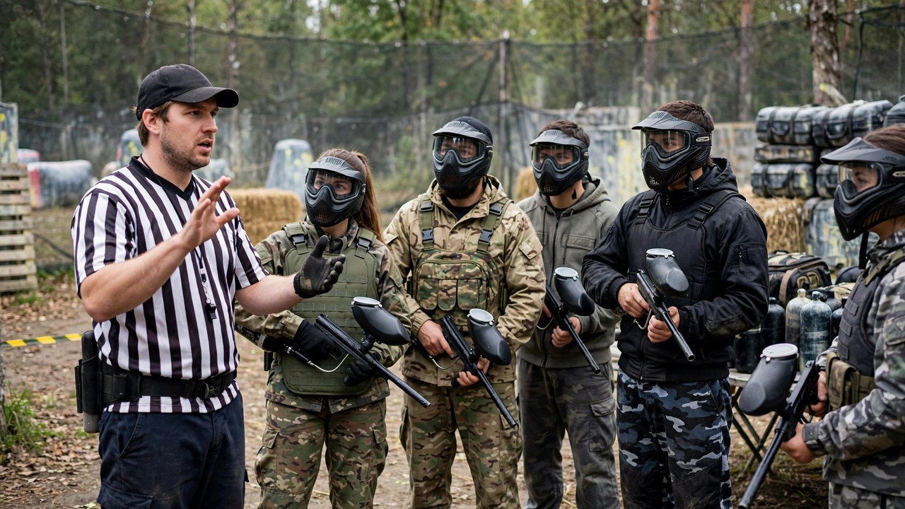Paintball referee in striped jersey briefing masked players on safety rules before a game