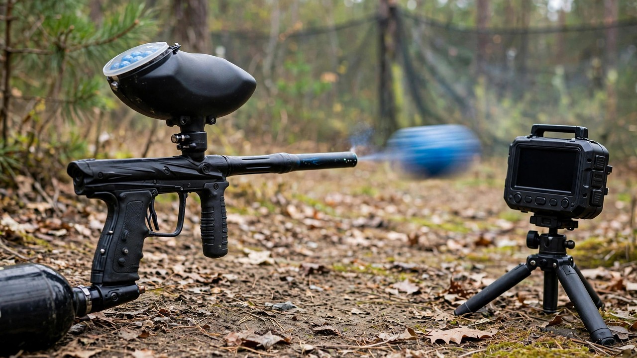 Paintball marker firing past a radar chronograph used to test velocity limits