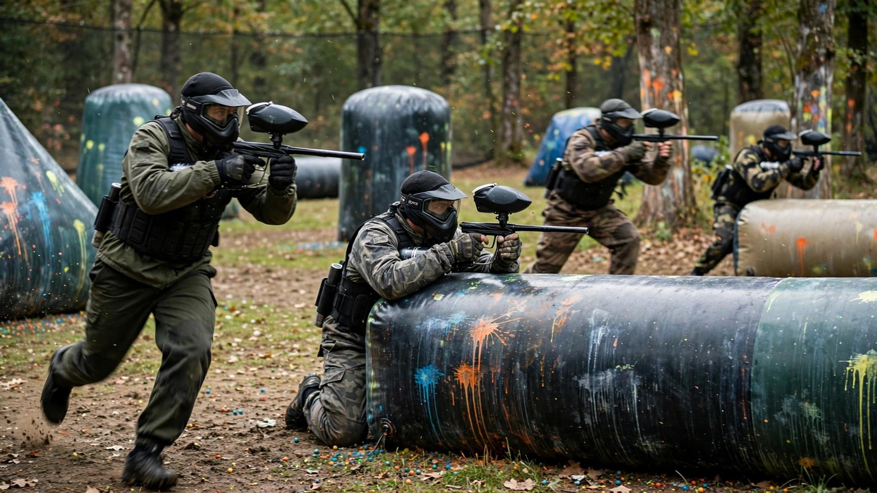 Four masked paintball players advancing behind inflatable bunkers during a woodsball game