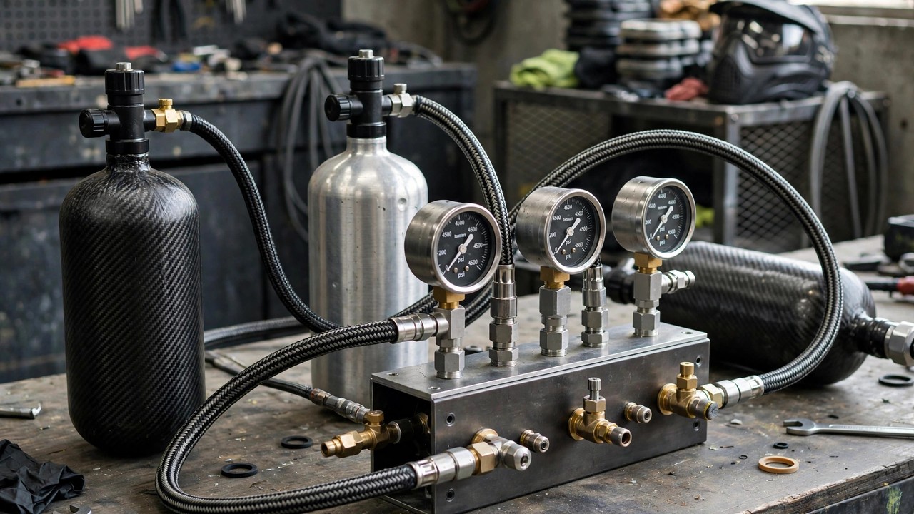 Paintball HPA air tanks connected to a fill station manifold with gauges and braided lines