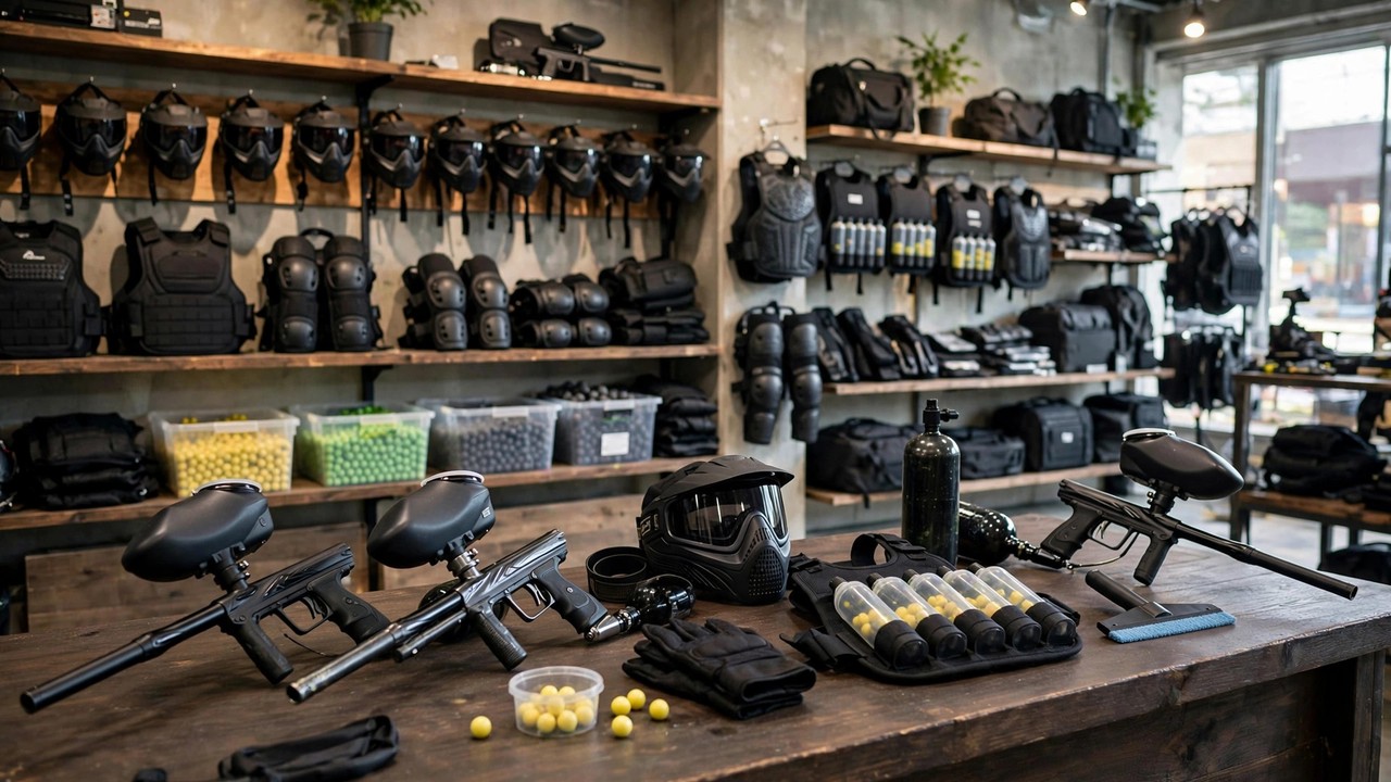 Paintball pro shop counter displaying markers, masks, pods and paintballs for sale