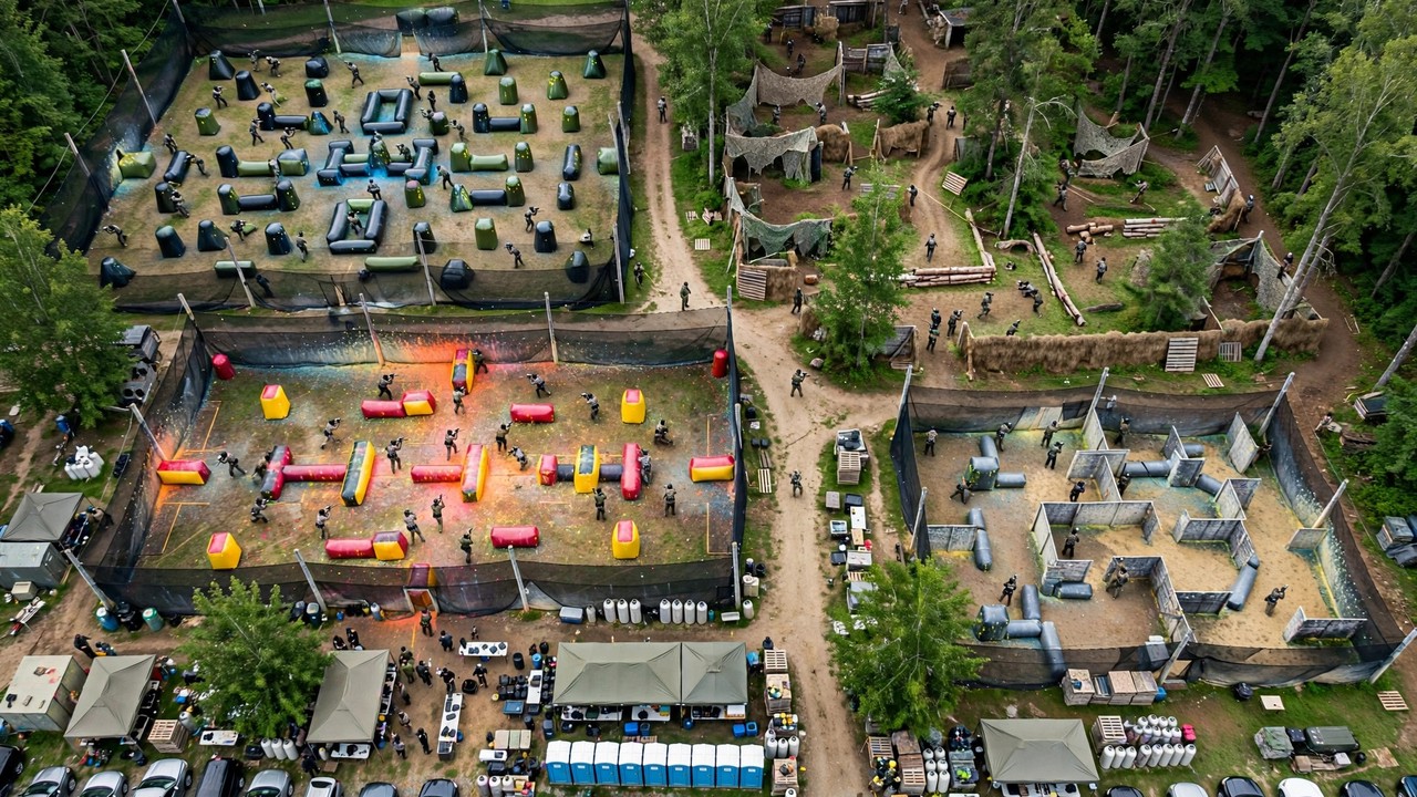 Aerial view of a busy paintball park with multiple fields and simultaneous games