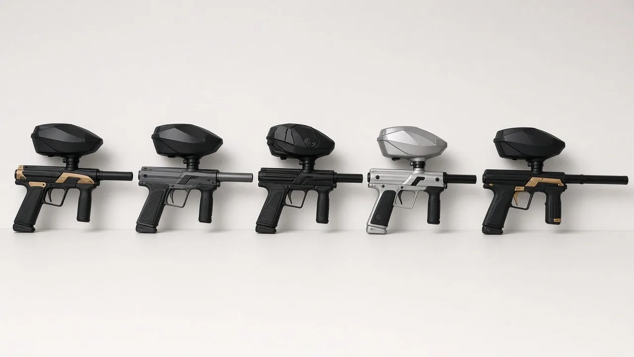 Beginner Paintball Guns Quick Picks Five beginner paintball markers lined up for a quick comparison: Cronus, EMEK, eNMEy, Victor, Stormer Elite