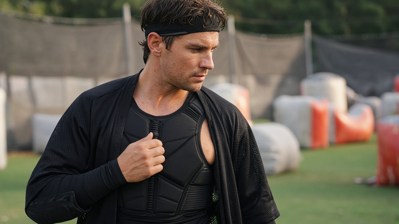 Adult paintball player adjusting a low-profile padded chest protector under an open jersey on a speedball field