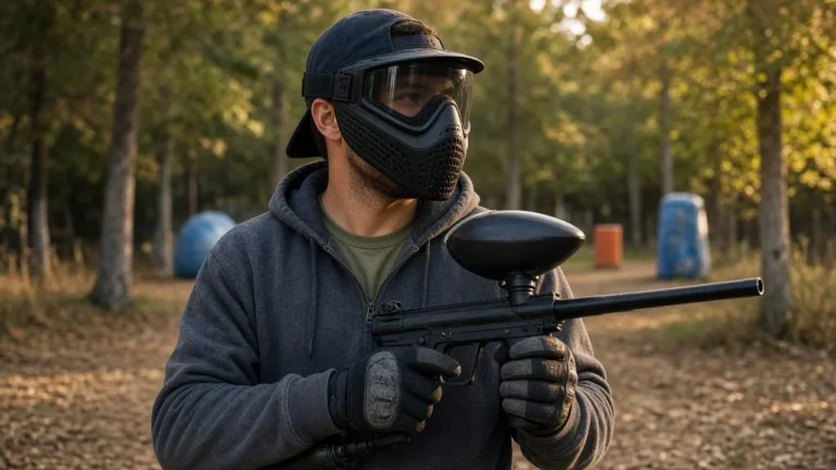 Beginner paintball player on a woodsball field with a mechanical rental-style marker