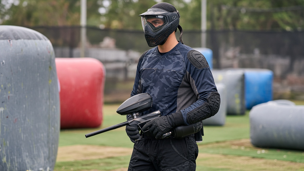 Adult paintball player in a modern padded jersey with shoulder and elbow pads on a speedball field