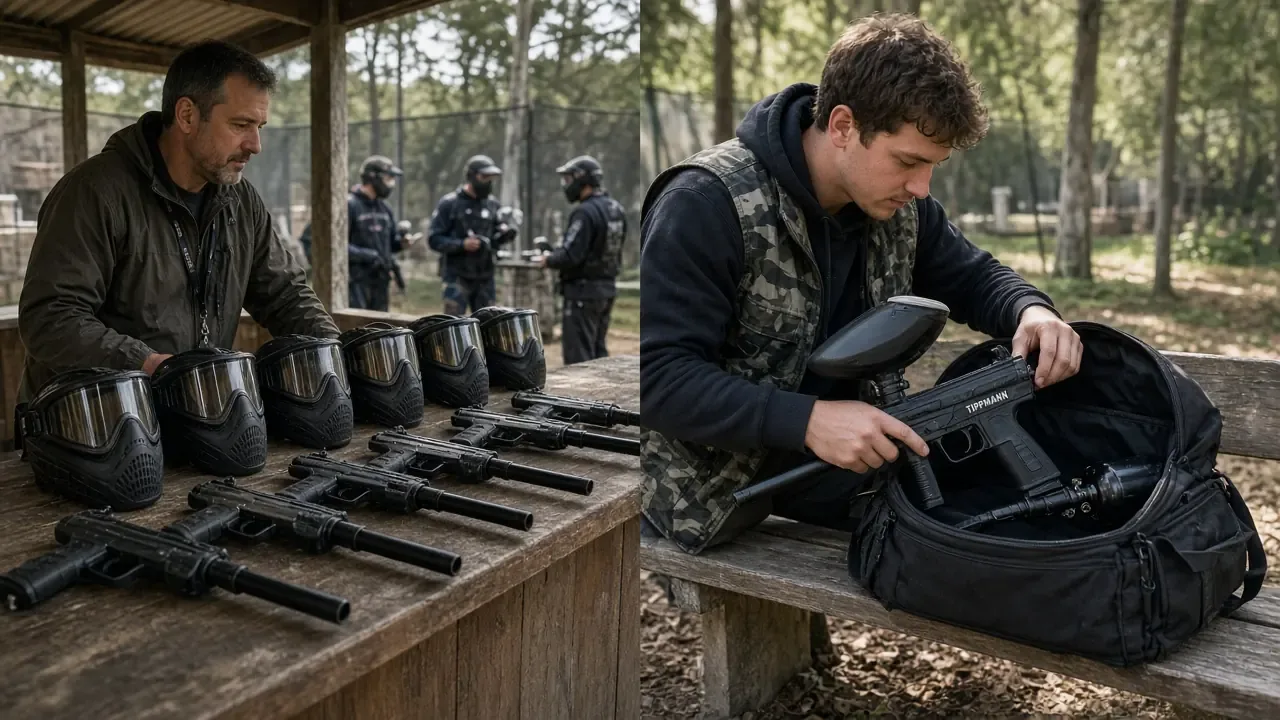Rent vs Buy a Paintball Gun Side-by-side concept of renting paintball gear at a field versus buying your own beginner marker